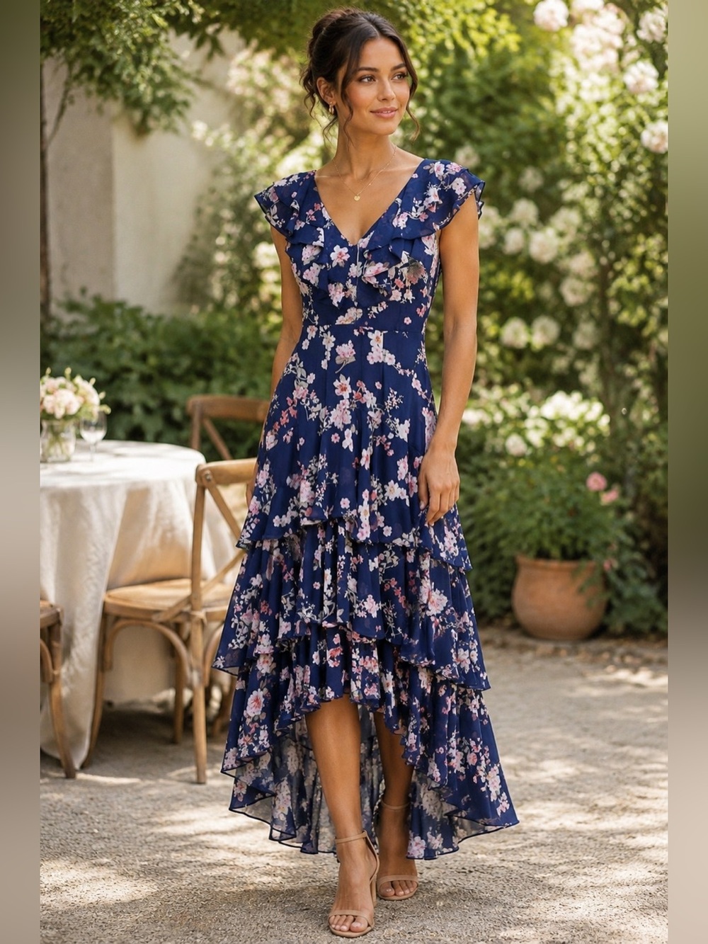 WAYF Chelsea Navy Floral Tiered Ruffle High-Low Maxi Dress XS NWT